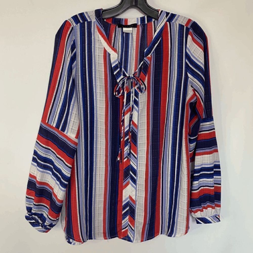 Jenni & Marlis Women's Multicolor Stripes Long Sleeves Ribbon Tie Top Size M